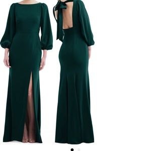 Dessy Collection Bishop Long Sleeve Open Back Trumpet Gown
